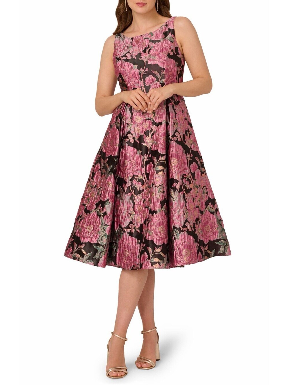 New Adrianna Papell Floral-Embroidered Jacquard Midi Dress Black Pink Multi 10